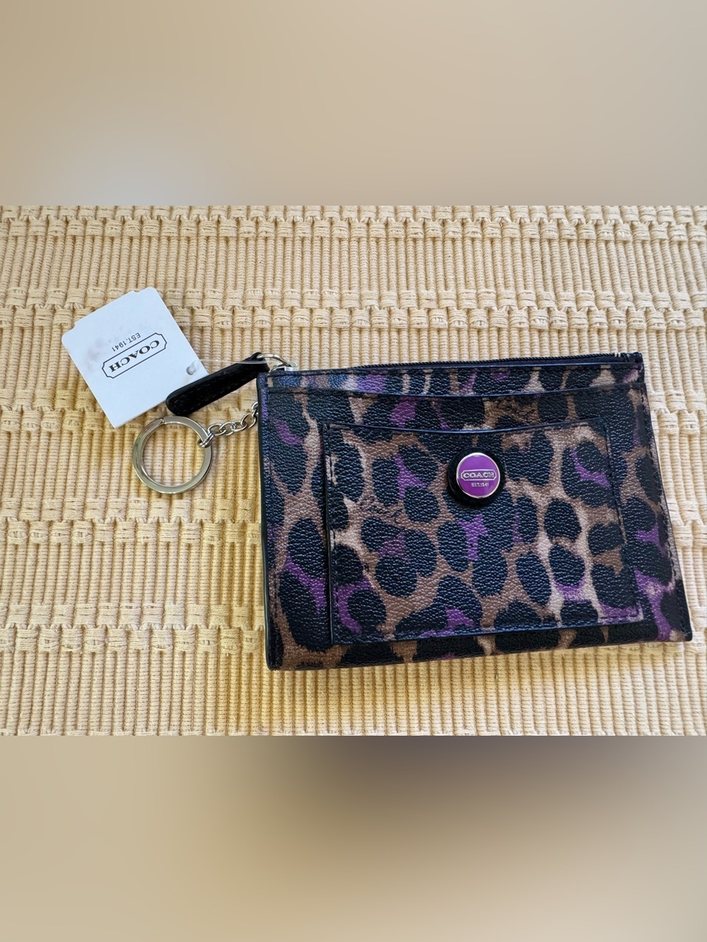 NWT COACH Leopard Print Zip Wristlet in Brown, Black & Purple